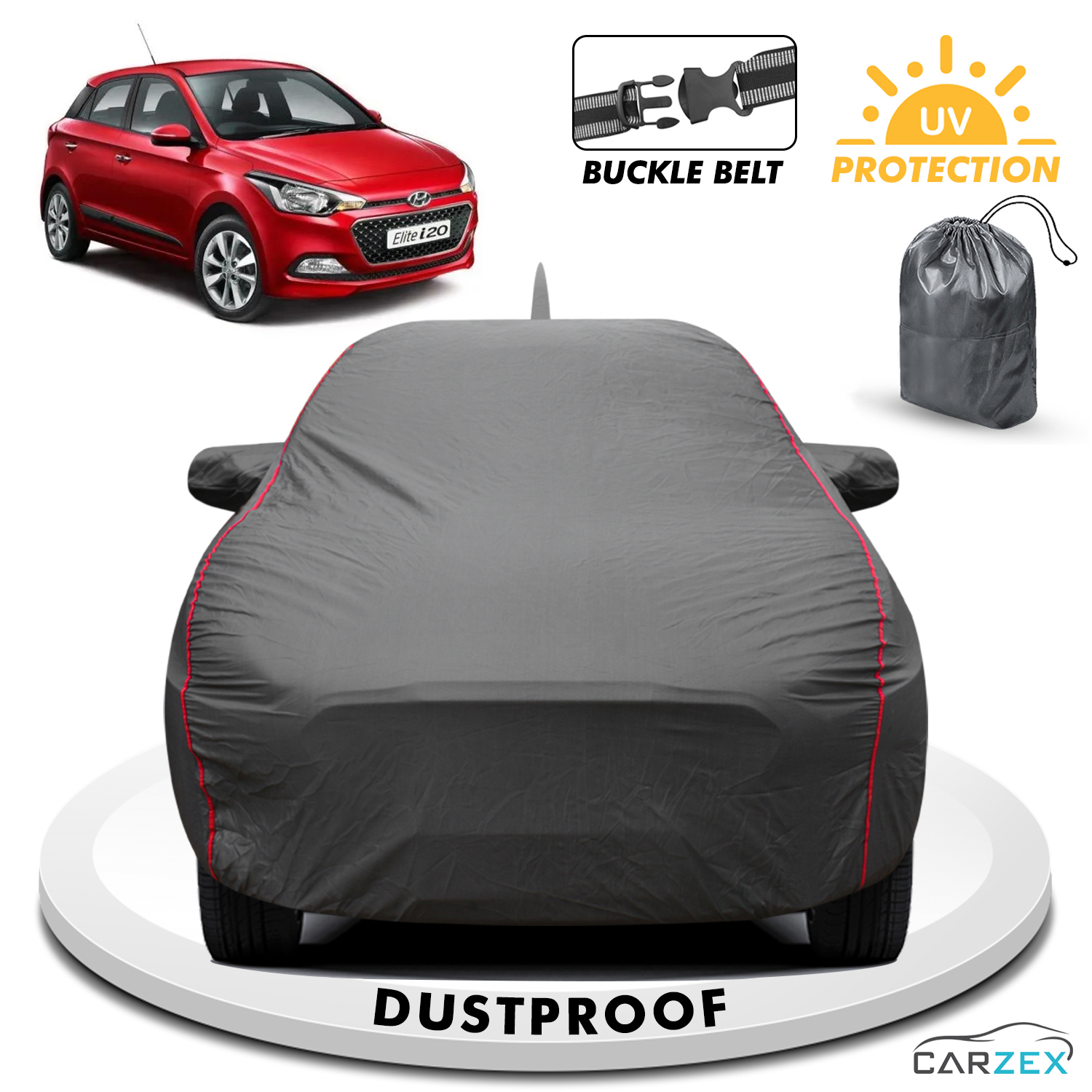 Carzex 2x2 Heavy Duty Red Border Car Body Cover For Hyundai Elite i20 Old